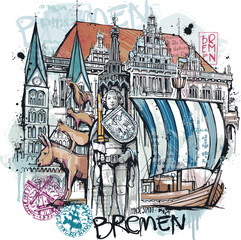 Handgezeichnete Bremen Collage - obrazy, fototapety, plakaty