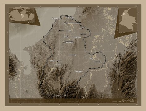 Cordoba, Colombia. Sepia. Labelled points of cities