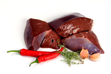 Raw liver on a white background