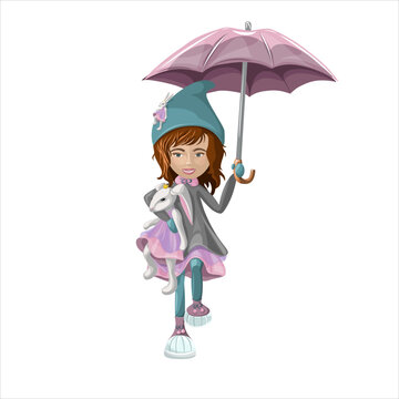 Vector image of a girl walking with a bunny under an umbrella. Cartoon style. Isolated on white background. EPS 10