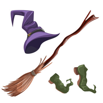 Vector image of a set of paraphernalia for a witch of three elements. Cartoon style. Concept. Isolated on white background. EPS 10
