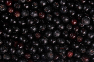 Background of fresh black chokeberry. Black aronia, black berry background
