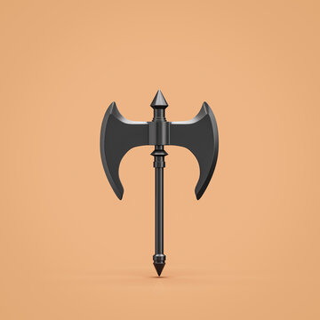 Ancient battle axe. Double blade fantasy game battleaxe, dark hatchet, 3d rendering