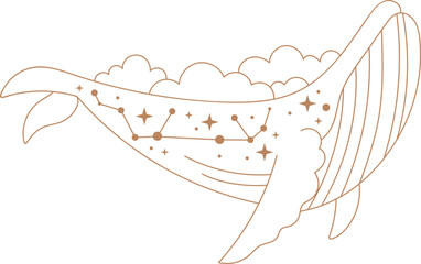 Whale with clouds boho lined illustration © Mykola Syvak