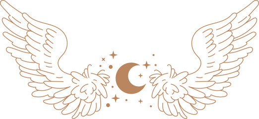 Wings with moon boho illustration