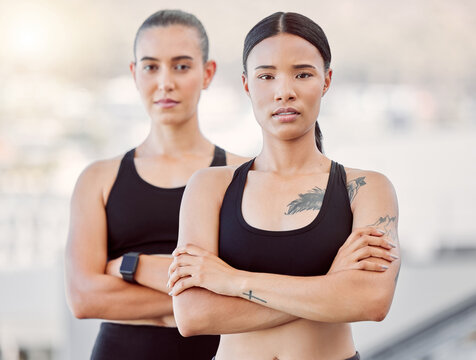 Fitness women, accountability friends and exercise outside with training partner or runners outside for cardio workout. Portrait of serious active girls out running for health, wellness and fit body