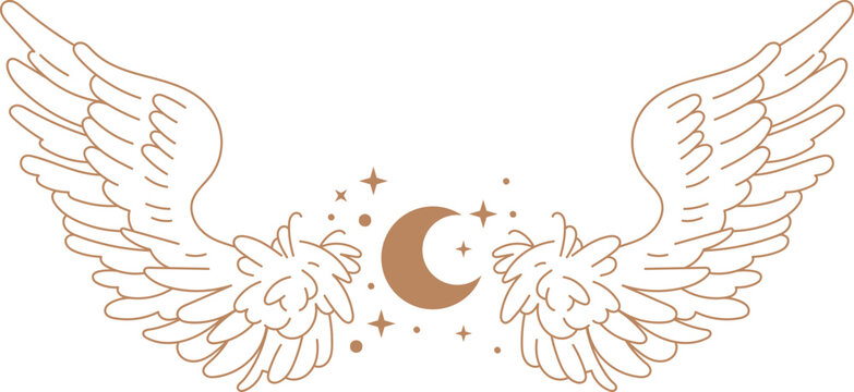 Wings with moon boho illustration