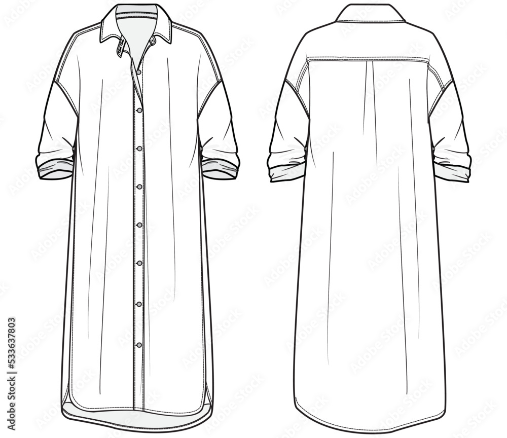 Sticker womens maxi shirt dress flat sketch vector illustration front and back view technical drawing templa - Stickers