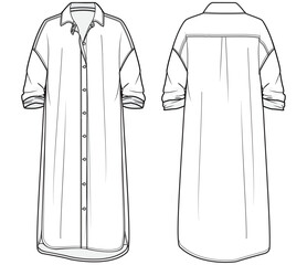 womens maxi shirt dress flat sketch vector illustration front and back view technical drawing template