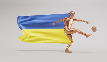 Fototapeta na wymiar Golden soccer football player kicking a ball with ukraine waving flag. 3D Rendering