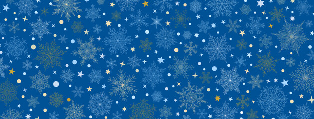 Fototapeta premium Background of complex big and small Christmas snowflakes in blue colors. Winter illustration with falling snow