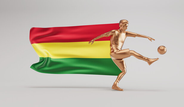 Golden soccer football player kicking a ball with bolivia waving flag. 3D Rendering