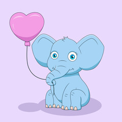 Cartoon cute elephant sitting holding balloon. Vector illustration