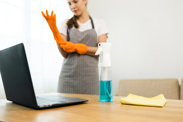 Housewife with rubber gloves and apron with spray bottle and microfiber towel to clean table at apartment. Young woman is happy to clean home. Maid cleaning service.