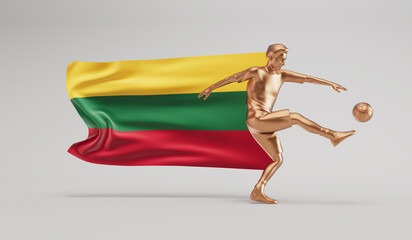 Golden soccer football player kicking a ball with lithuania waving flag. 3D Rendering