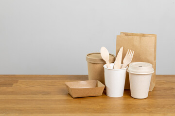 Eco friendly food packaging. Paper recycling zero waste natural products. A box of paper for food disposable catering of nature and recycling concept. Plastic free set on background.