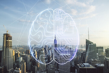 Virtual creative artificial Intelligence hologram with human brain sketch on New York city skyline background. Multiexposure