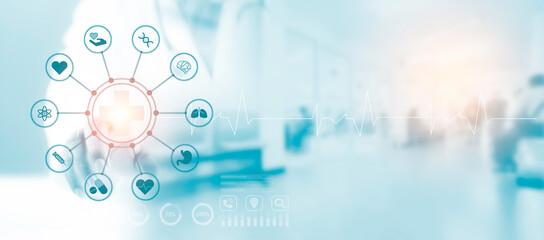 Medical Technology diagnosis of medical treatment concepts. Doctor and stethoscope of touch icon. Medical Technology analysis the Network connection virtual screen interface. Hospital blur Background.
