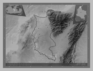 Magdalena, Colombia. Grayscale. Labelled points of cities