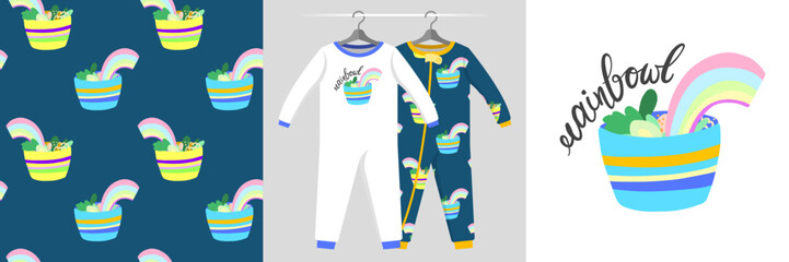 Seamless honey pattern with  ramen bowland lettering illustration Rainbowl. Baby design pajamas, background for apparel, room decor, tee print, baby shower party invitation, fabric design, wrapping