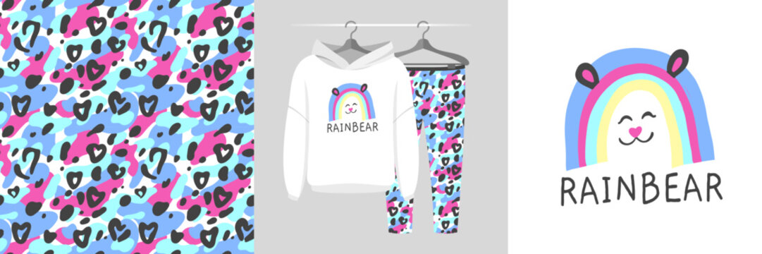 Seamless pattern and illustration set with cute rainbow bear, leopard spots and lettering Rainbear. Aesthetic design pajamas, background for apparel, room decor, tee prints, fabric, wrapping