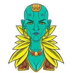 beautiful futuristic ethnic android woman in green with yellow feathers 