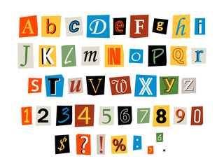 Vector ransom font. Letters, numbers and punctuation marks cut-outs from newspaper or magazine. Criminal alphabet. Ransom colorful text.