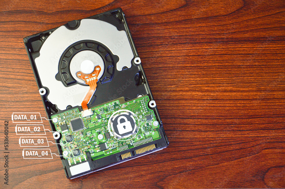 Poster hard drive is an important storage device, concept of data protection with security.