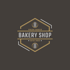 Vintage Retro Badge Emblem Logotype Bakery Ear Wheat Silhouette for Bakehouse Logo Design Linear Style