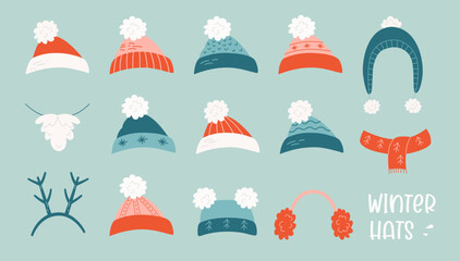 Fototapeta na wymiar Vector illustration of winter headwear collection for cold weather. Warm seasonal hats and scarf, earmuffs, santa beard and hat in Christmas style isolated on blue background in flat style