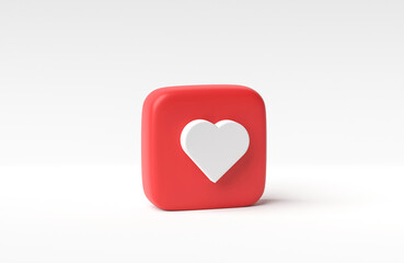 White love heart in red square button isolated on white background. 3D rendering, 3D illustration.