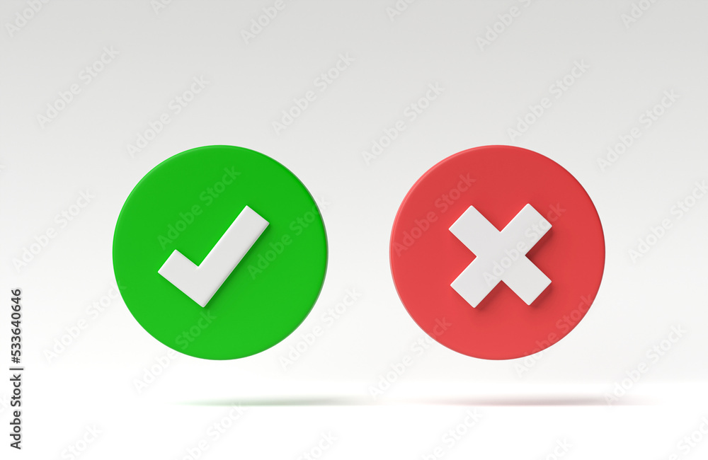 Poster right and wrong button. check mark and x mark icon isolated on white background. 3d rendering, 3d il