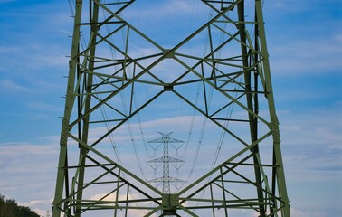 far High Voltage Electric Pylon on the close up electricity pole  Power And Energy