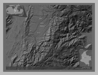 Quindio, Colombia. Grayscale. Labelled points of cities