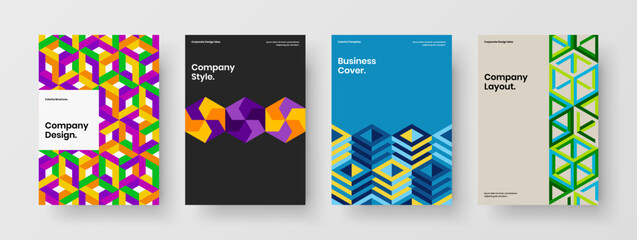 Fototapeta na wymiar Minimalistic corporate identity A4 vector design illustration bundle. Vivid geometric tiles annual report layout composition.