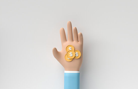Coin in cartoon hand, money-saving, payment, and money investment concept. 3D rendering, 3D illustration.