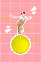 Creative trend collage of millennial youngster woman dancing have fun big tennis ball summer party...
