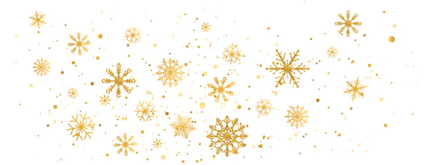 Gold glitter snowflakes with different ornament. Golden snowflake falling wave. Luxury Christmas garland. Winter ornament for packaging, card, invitation. Celebration border. Vector illustration
