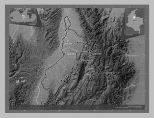 Santander, Colombia. Grayscale. Labelled points of cities
