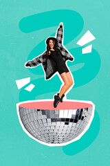 Vertical creative collage image of positive young woman dancing disco ball stylish garment have fun...