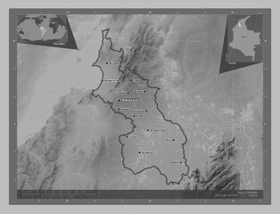 Sucre, Colombia. Grayscale. Labelled points of cities