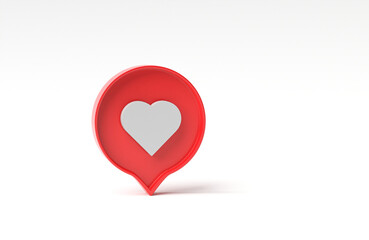 3D rendering, 3D illustration. Love, like social media notification icon. Heart inside of a red pin on white background. Minimal concept
