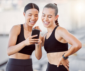 Relax, sports women and friends on smartphone social media app for break at fitness training. Interracial girl friendship fun, leisure and internet entertainment for workout rest together.