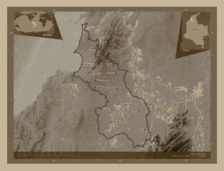 Sucre, Colombia. Sepia. Labelled points of cities