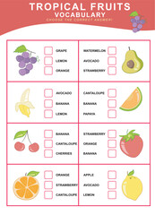 Fruit vocabulary worksheet for toddlers. tick the correct answer. Worksheet for preschool. English class for toddlers. Educational game for children. Vector file. 