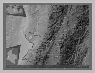 Valle del Cauca, Colombia. Grayscale. Labelled points of cities
