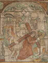 Obraz premium mural depicting Jesus carries the cross to Calvary and Simon of Cyrene is compelled to help him