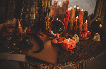 Magical stuff for Halloween, decor and design for party, close up details, celebration concept