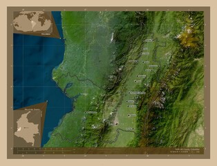 Fototapeta na wymiar Valle del Cauca, Colombia. Low-res satellite. Labelled points of cities