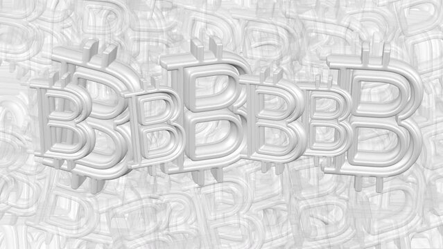 Bitcoin signs background. White bitcoin signs increase and decrease on the white background. Loopable. 3D rendering.